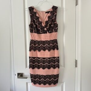 Black and Pink Sleeveless V-neck lace pleated cocktail dress